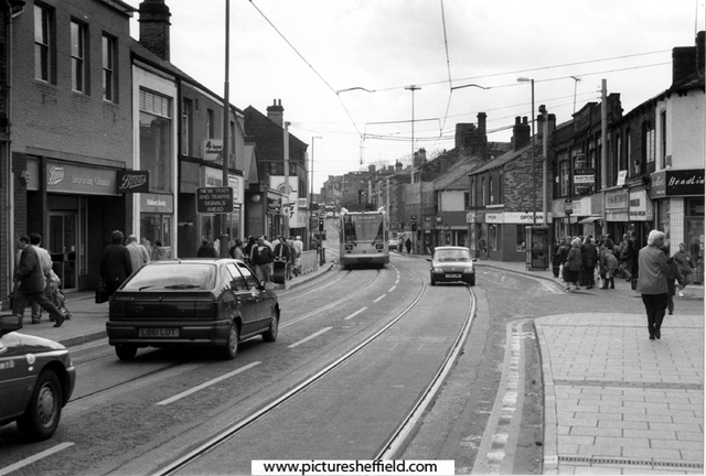 Meadowhall bound Supertram No. 21, Middlewood Road with the junction of Taplin Road first right looking towards Langsett Road