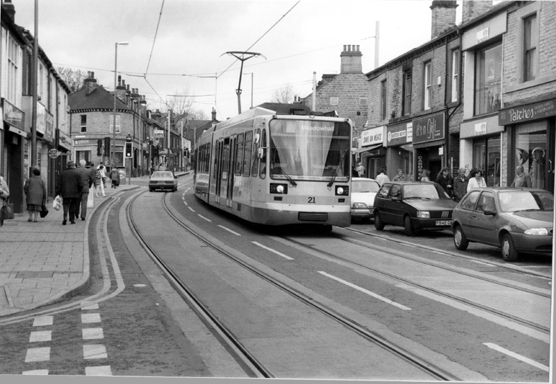 Meadowhall bound Supertram No. 21, Middlewood Road looking towards No. 61, Coventry Building Society at the junction of Dykes Hall Road