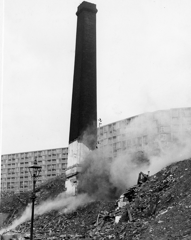 Demolition of chimney with Park Hill Flats in the background