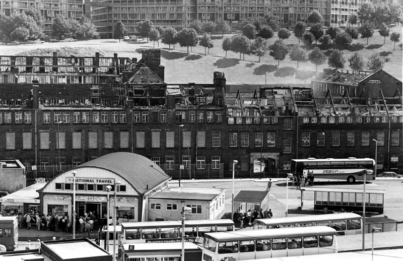 Demolition of Joseph Rogers and Sons Ltd., River Lane Works, junction of Sheaf Street and Pond Hill, recently occupied by Sheffield City Council Housing Department offices with National Travel and Pond Street bus station in the foreground