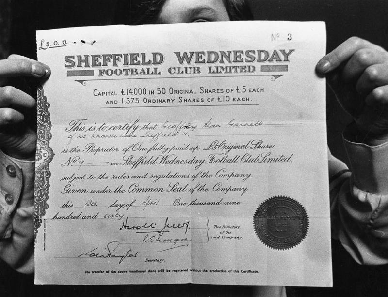 Sheffield Wednesday Football Club Five Pound Original Share of Geoffrey Alan Gannett 