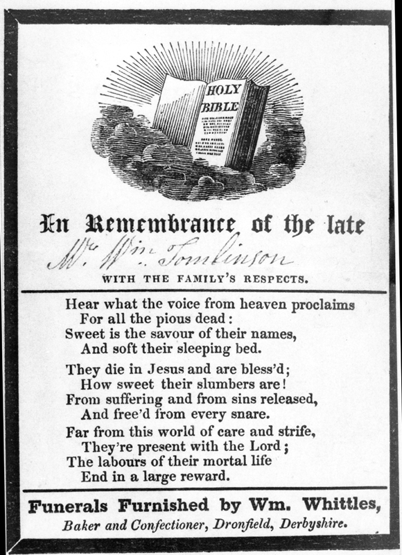 Memorial card for Mr. Wm. Tomlinson who drowned by the bursting of Dale Dyke Dam, Saturday 12 March 1864