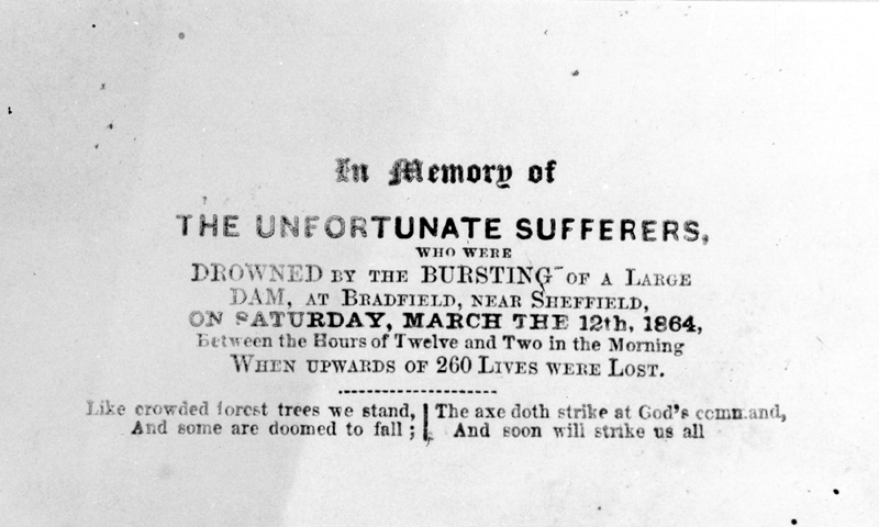 Memorial card for the victims who drowned by the bursting of Dale Dyke Dam, Saturday, 12 March, 1864