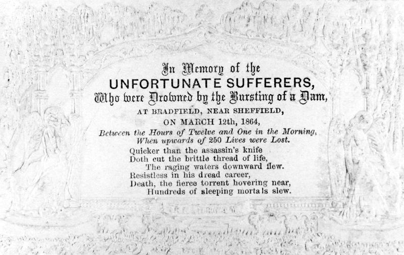 Memorial card for the victims who drowned by the bursting of Dale Dyke Dam, Saturday, 12 March, 1864