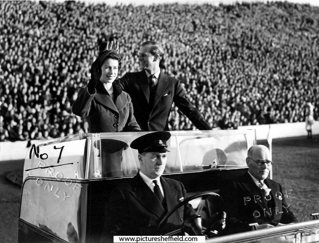 Queen Elizabeth II and HRH Duke of Edinburgh at Hillsborough football ground for the childrens display during their royal visit  