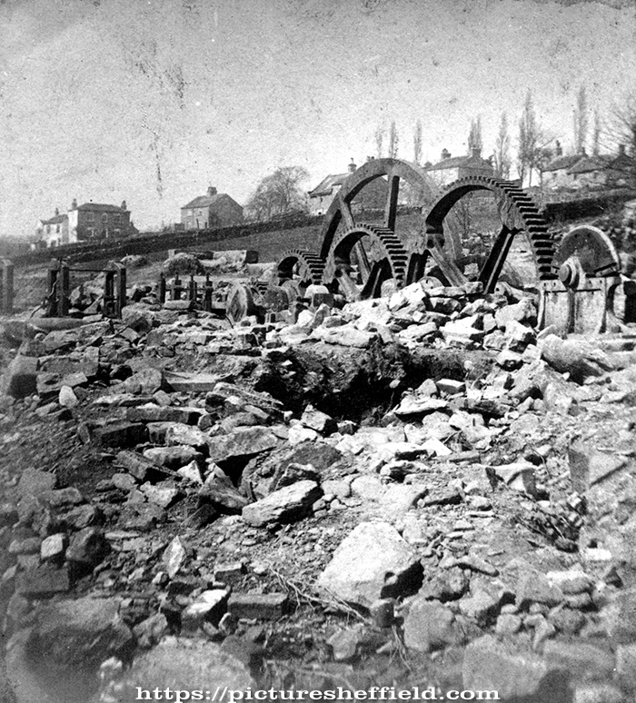 Sheffield Flood. Stereoscopic view No. 11. Remains of William I. Horn and Co., Wisewood Forge and Rolling Mill (Bradshaw Wheel), Loxley Valley
