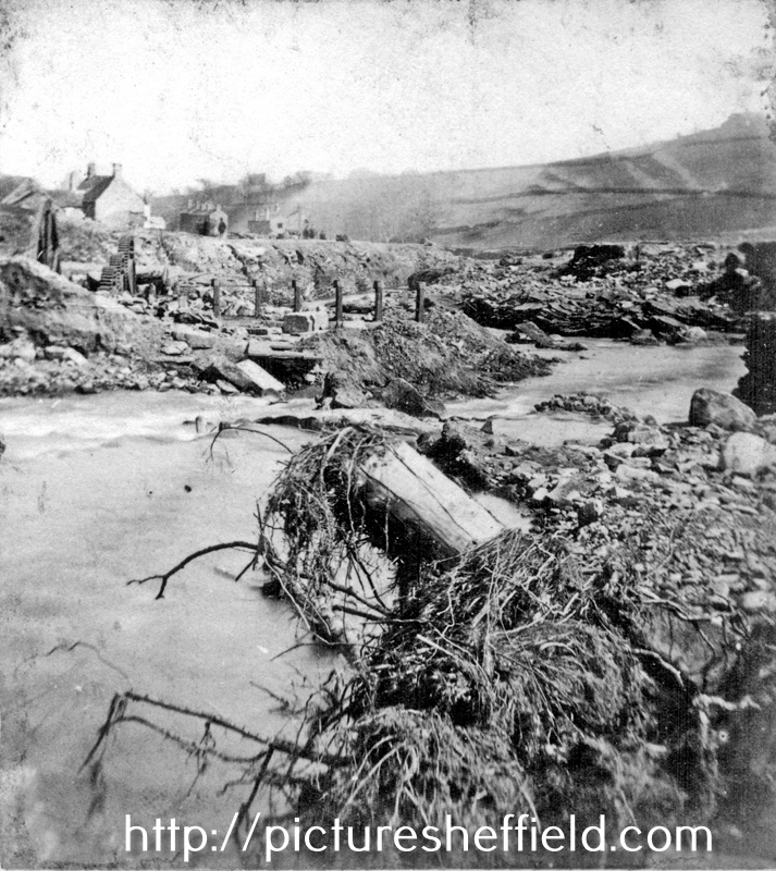 Sheffield Flood. Stereoscopic view No. 12. River Loxley looking towards remains of William I. Horn and Co., Wisewood Forge and Rolling Mill (Bradshaw Wheel), Loxley Valley