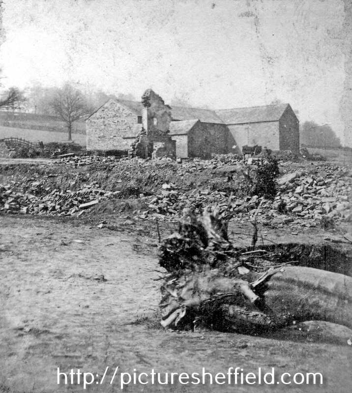 Sheffield Flood. Stereoscopic view No. 13. Remains of Trickett's Farm belonging to James Trickett, at the junction of Rivers Rivelin and Loxley, household of eleven people washed away and drowned