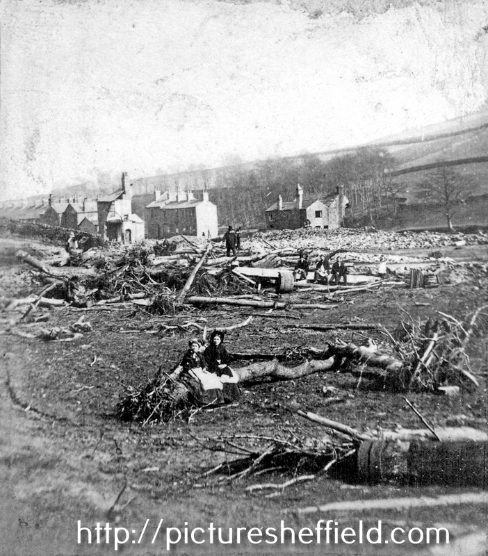 Sheffield Flood. Stereoscopic view No. 15. Malin Bridge: view from the Yew Tree Inn of the site of village. Here a whole row of houses was swept away, and nearly 100 lives lost
