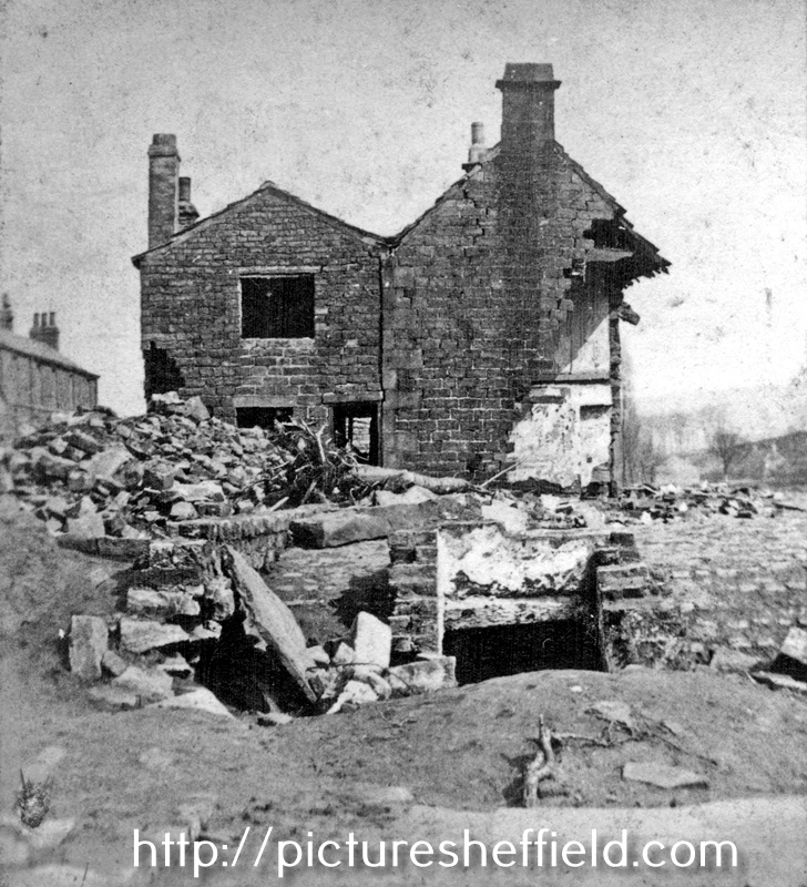Sheffield Flood. Stereoscopic view No.17. Site of the Stag Inn, 7 lives lost. Nothing remains of the Stag Inn but the cellar walls and the adjoining houses destroyed