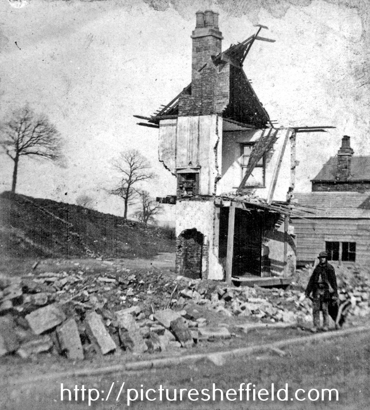 Sheffield Flood. Stereoscopic view No. 18. Remains of the Malin Bridge Inn (Cleakum Inn), the house destroyed and the inmates drowned