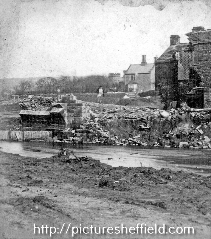 Sheffield Flood. Stereoscopic view No. 21. Remains of Hill Bridge and Freemasons Arms, Walkley Lane, Hillsborough