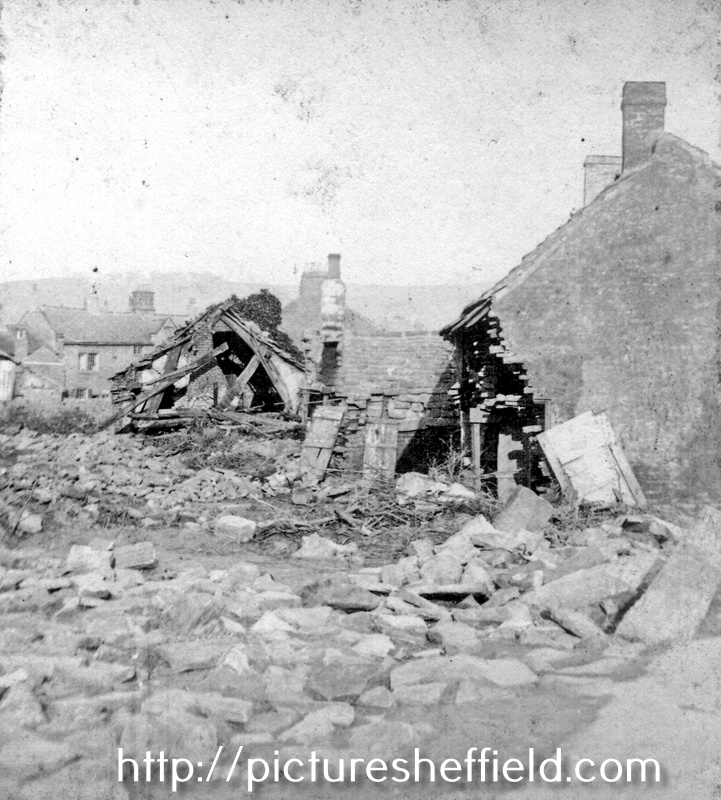 Sheffield Flood. Stereoscopic view No. 23. Ruins at Owlerton Green/Bradfield Road, Owlerton Hall, off Bradfield Road, in background