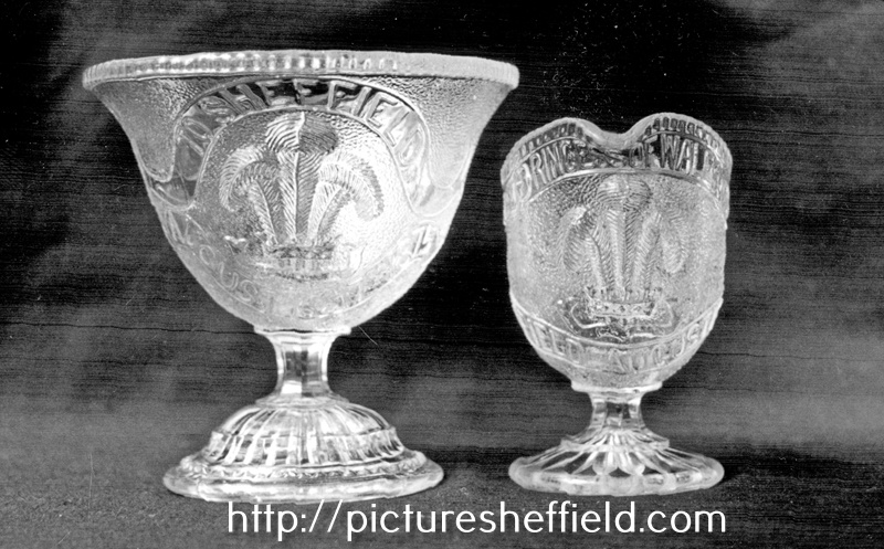 Pressed glass commemortatives - Milk jug and sugar bowl commemorating the royal visit of the Prince of Wales to open Firth Park, 1875