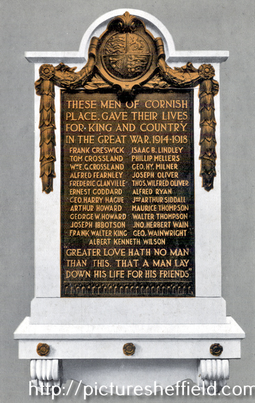 War Memorial Tablet at James Dixon and Sons Ltd., Cornish Place