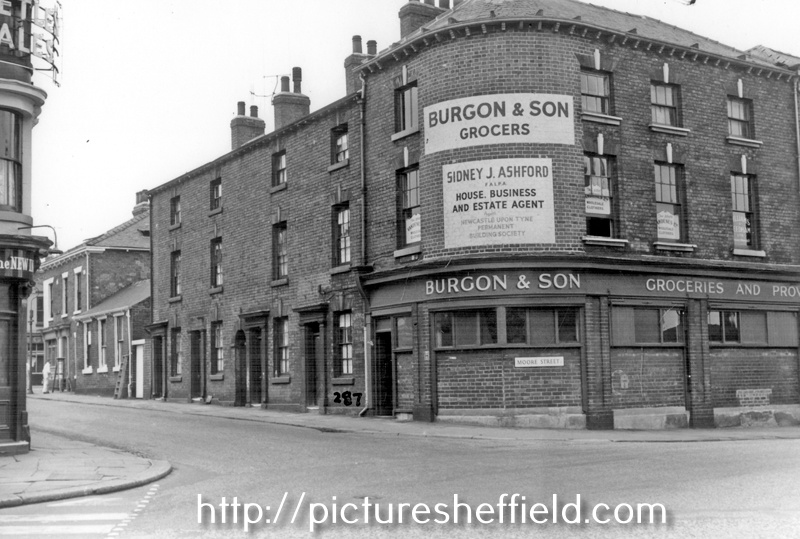 Moore Street at junction of Hanover Street, from Ecclesall Road, No 152, Moore Street, Burgon and Son Ltd., Grocers