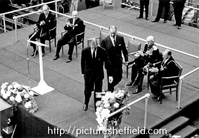 After the speeches at the opening of English Steel Corporation, Tinsley Park Works, by HRH Duke of Edinburgh with Viscount Knollys [Edward Knollys (1895-1966)], chairman (standing)