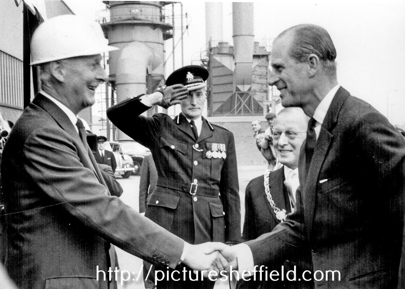 HRH Duke of Edinburgh being greeted by Viscount Knollys [Edward Knollys (1895-1966)], chairman of English Steel Corporation at the opening of Tinsley Park Works, Shepcote Lane accompanied by Lord Mayor, Isidore Lewis