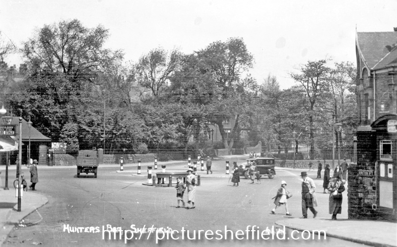 Hunter's Bar, Ecclesall Road, from Junction Road. Endcliffe Park, left. Horse Trough, centre