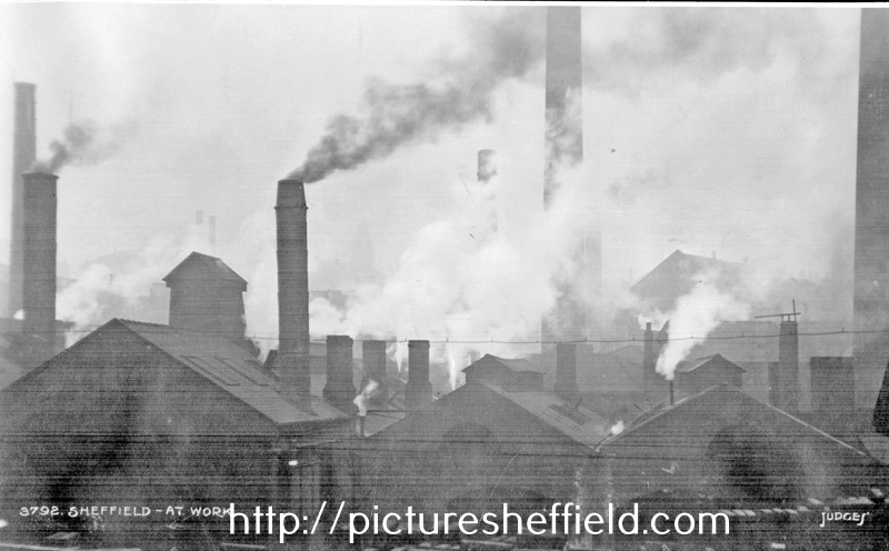 Postcard depicting 'Sheffield at Work'. George Senior and Sons Ltd's Ponds Forge Works, Sheaf Street taken from the junction of Granville Street and Granville Hill looking west.