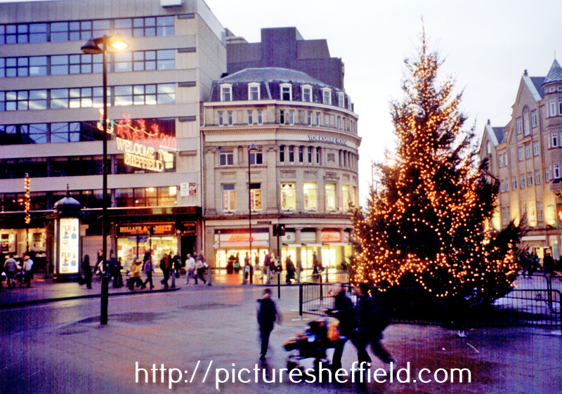 Decorations in Town Hall Square. Yorkshire House and Barker's Pool, in background