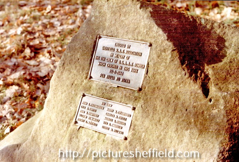 Plaque in Endcliffe Park erected by Sheffield R.A.F. Association in memory of the ten crew of U.S.A.A.F. Bomber which crashed in the park, 22 Feb 1944