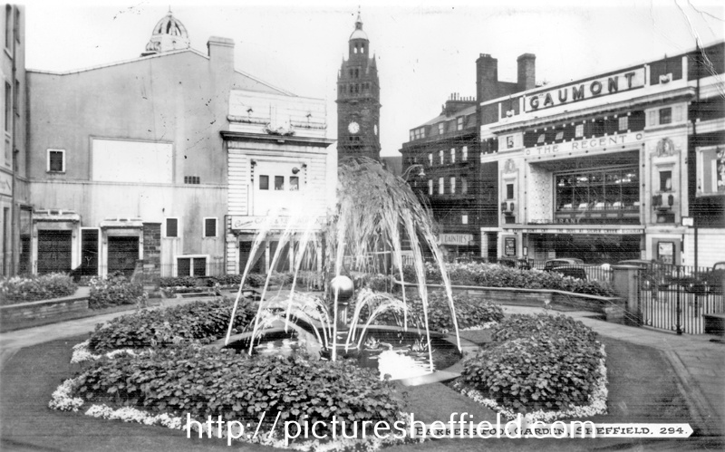 Barker's Pool showing the City Hall Gardens, also known as Balm Green Gardens, (which were funded by J.G. Graves), Cinema House, City Hall and The Regent in background