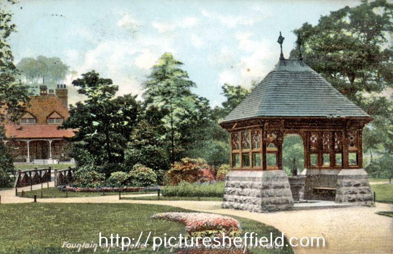 Drinking fountain and shelter, Endcliffe Park. Bowling green pavilion in background