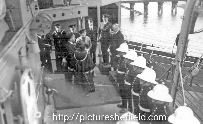 HMS Sheffield - The Shiny Sheff - The Lord Mayor Ann Eliza Longden (first woman Lord Mayor) inspecting Royal Marines Guard of Honour at Immingham Docks before presenting gifts from the City of Sheffield to the Ships Company