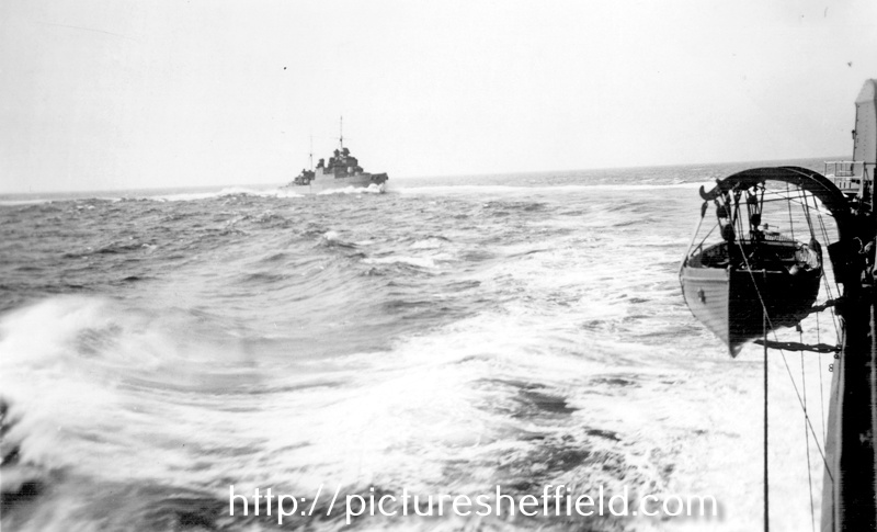 H.M.S. Sheffield and other ships taking avoiding actions WWII