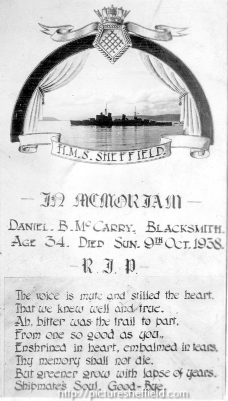 In Memoriam of Daniel B. McCarry, blacksmith, aged 34, died Sunday 9th October 1938, H.M.S. Sheffield