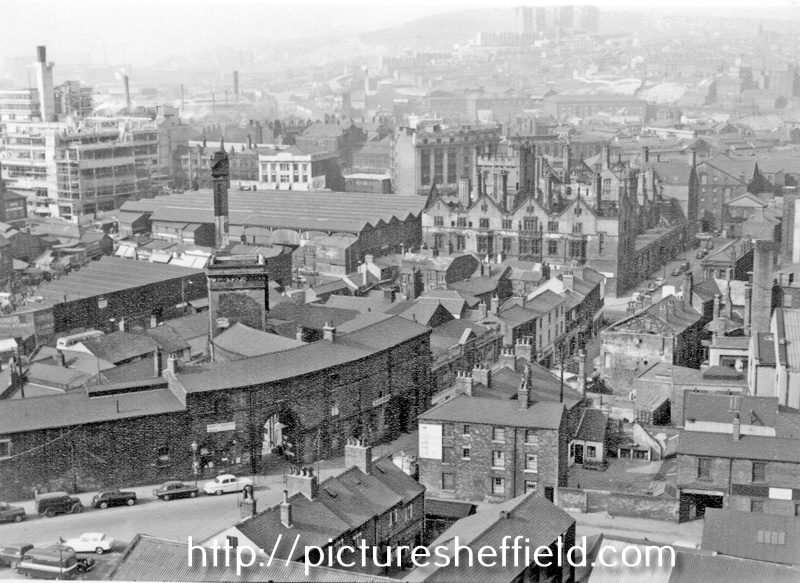 Elevated view of City Centre and Park showing Castlefields Market, Corn Exchange, Park Cinema, South Street 	
