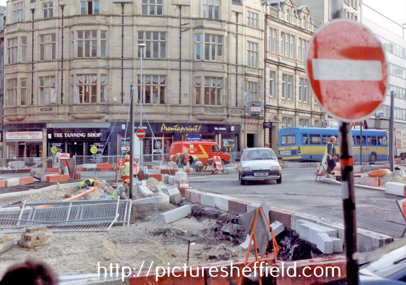 Junction of Church Street and Leopold Street from Pinfold Street, during the construction of Supertram