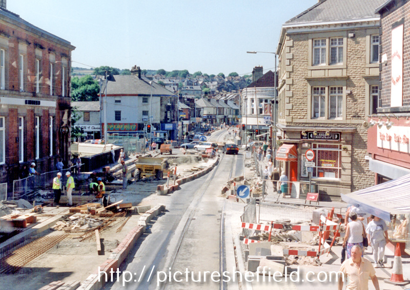 Langsett Road looking towards the junction of Holme Lane, Middlewood Road and Bradfield Road, during the construction of Supertram
