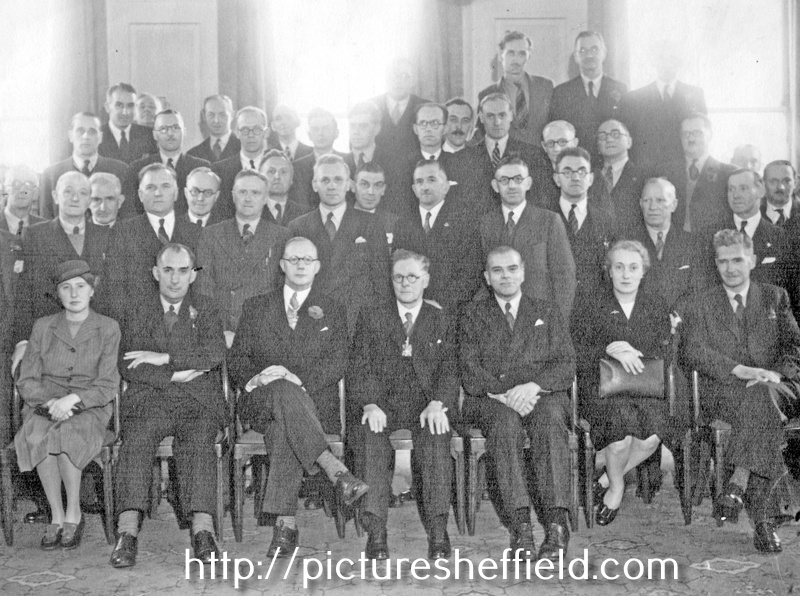 Group of representatives, including Mr E. W. Senior, J. P. (Master Cutler), Alderman W. E. Yorke, J. P. (Lord Mayor of Sheffield), Mr C. P. Barnett, H. M. Chief Inspector of Factories, at a luncheon meeting of R.S.P.A. Sheffield Area Industrial Group