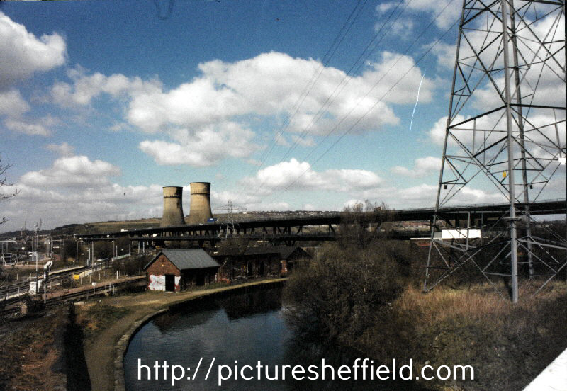View from Tinsley Bridge of the Sheffield and South Yorkshire Navigation, Tinsley/ Meadowhall South Supertram Stop, Tinsley Viaduct and Cooling Towers