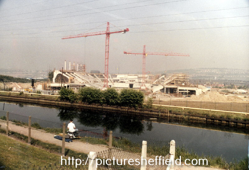 View of Don Valley Stadium under construction for the World Student Games, Sheffield and South Yorkshire Navigation