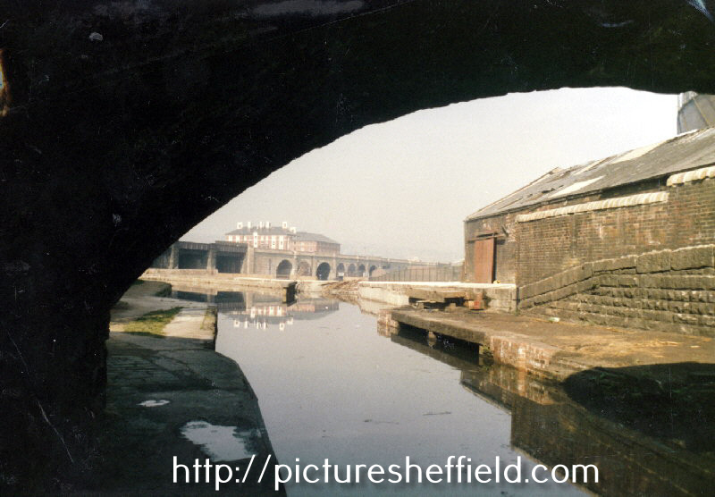 View from under Cadman Street Bridge, Sheffield and South Yorkshire Navigation looking towards Victoria Station Viaduct and Royal Victoria Hotel