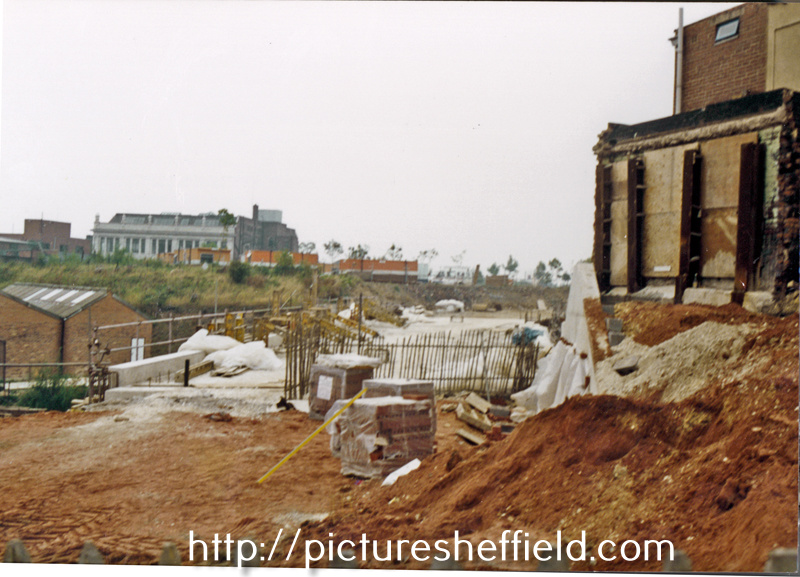 Construction of Supertram Bridge over South Yorkshire Navigation near Pot House Bridge with former John Bannner Ltd (Banners) in the background in the background