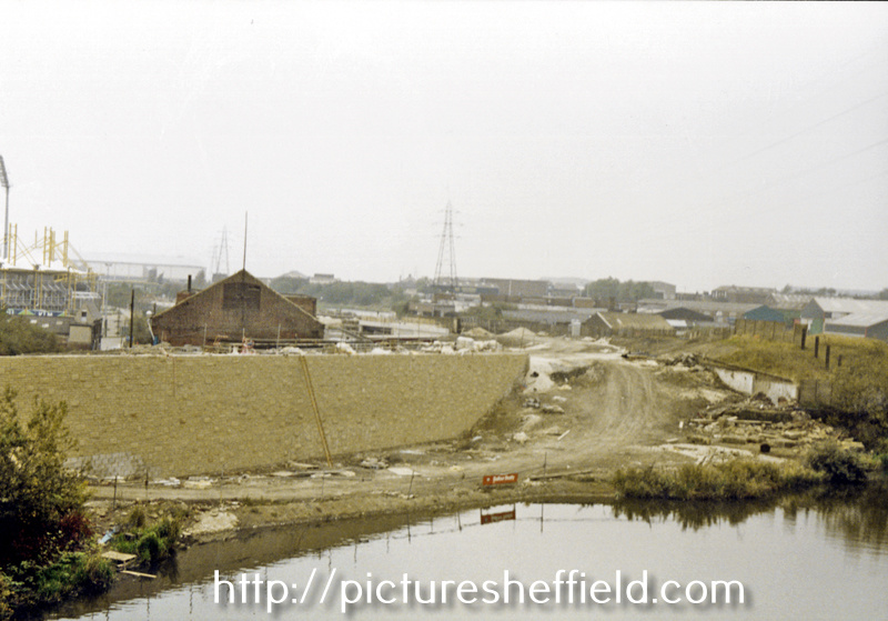 Construction of Supertramway between Worksop Road and Shirland Lane with Don Valley Stadium in the background (left) and South Yorkshire Navigation in the foreground