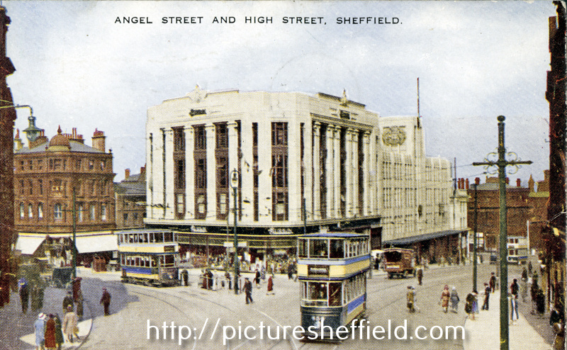 Angel Street (left), High Street and Market Place showing Montague Burton Ltd., tailors, Nos. 51 - 55 High Street, centre