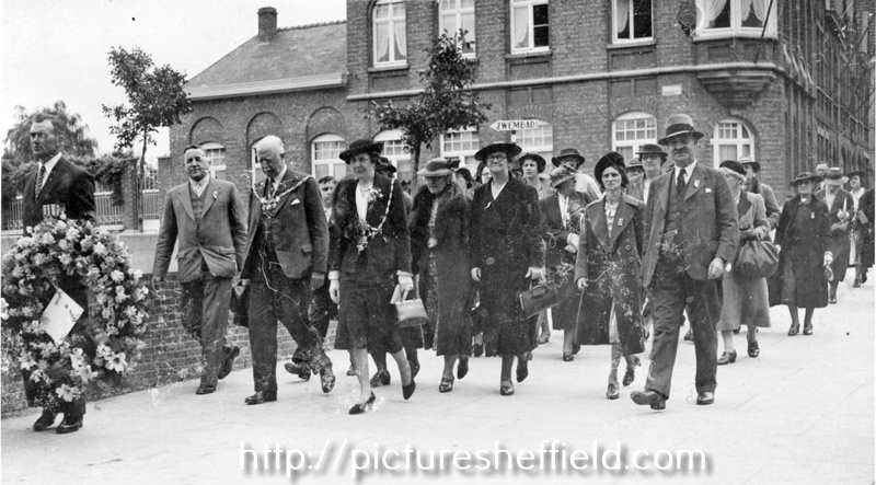 Lord Mayor of Sheffield, Ald. W. J. Hunter and Lady Mayoress, Miss. Hunter in procession for a Wreath Laying Ceremony in Ypres, Belgium