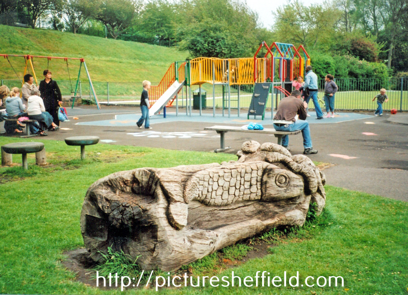 Bench sculpture created 1996 by local children under the supervision of Jason Thomson, Childrens Play Area, Crookes Valley Park