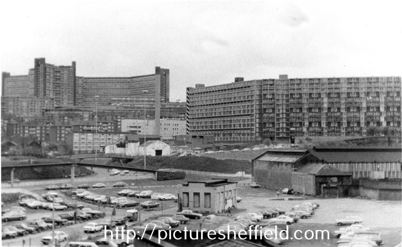 Elevated view of the site of the old Sheaf Market (Rag Market) being used as a car park with Hyde Park Flats and Park Flats (left) in the background