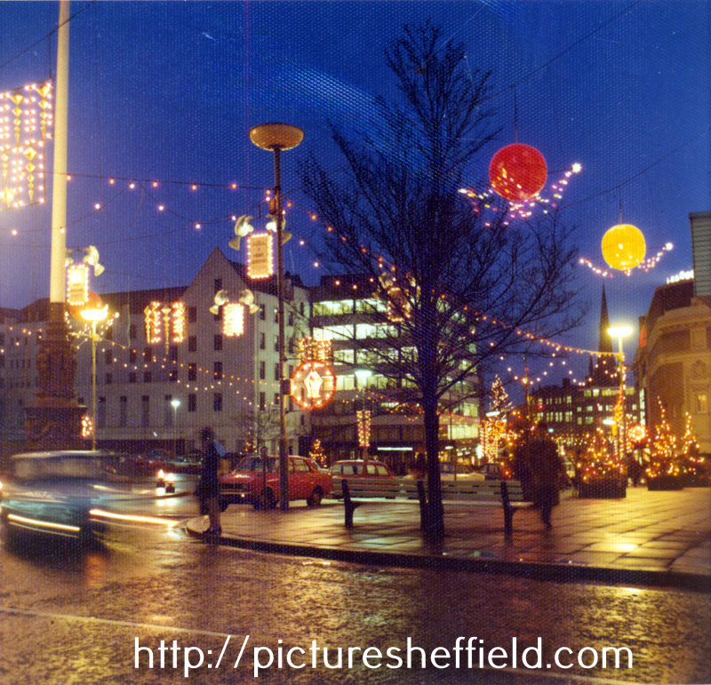 Christmas Illuminations in Barkers Pool showing The Grand Hotel (white building left)