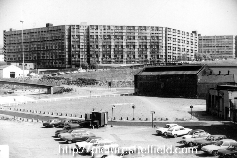 Elevated view of Park Hill Flats looking across the site of the former Sheaf Market (Rag 'n Tag Market)