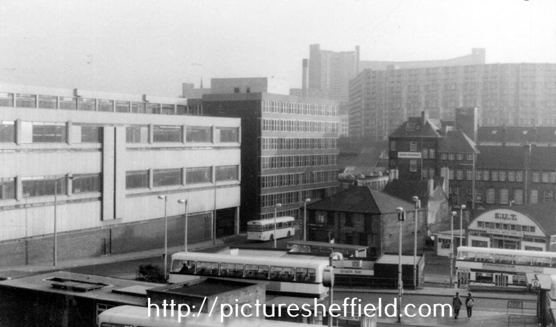 Elevated view of Pond Hill and Pond Street bus station with Hyde Park and Park Hill Flats in the background