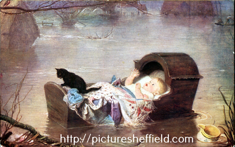 The Cat and the Cradle.  Artists impression of the baby rescued from the Sheffield Flood