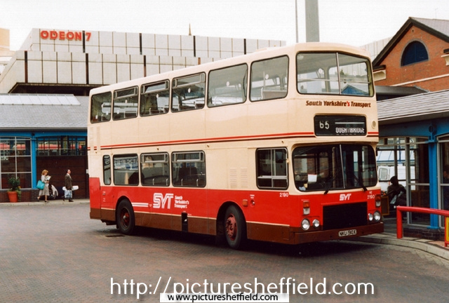 South Yorkshire Transport Bus No. 65 to Oughtibridge standing at Sheffield Interchange, Pond Street with the Odeon 7 Cinema in the background