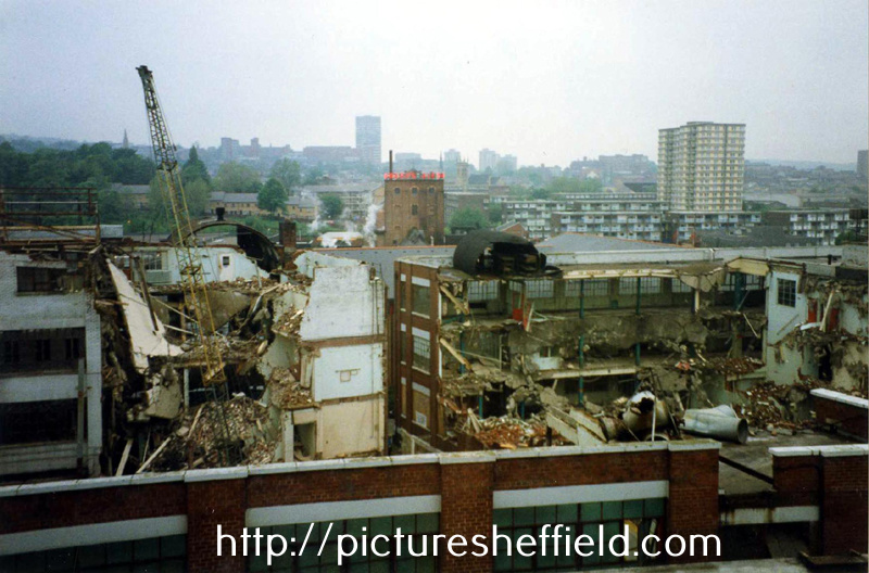 Elevated view from the office block on Cemetery Road of the demolition of A and B Blocks, Dormer Tools Ltd. (formerly Sheffield Twist Drill and Steel Co.), the road between the two buildings is Solferino Street with (back) Wards, Sheaf Brewery
